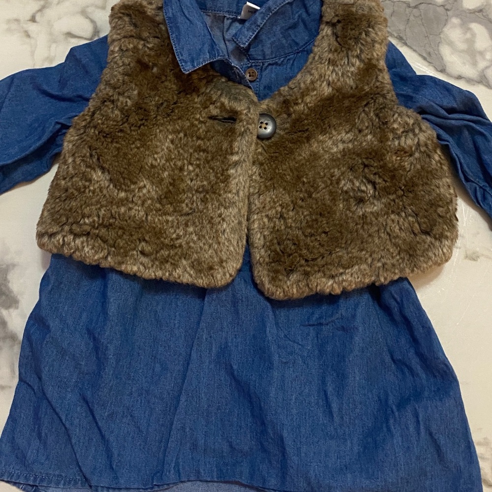 Fur vest & denim dress